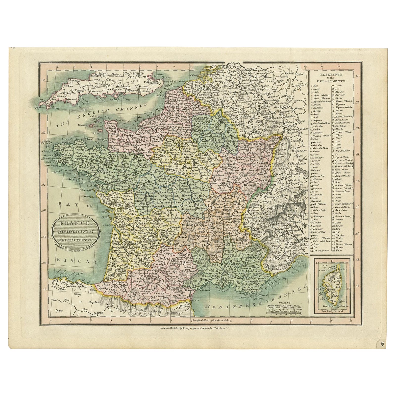 Antique Map of France Showing Post-Napoleonic Departments, 1816 For Sale