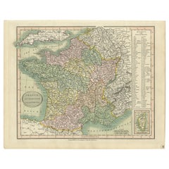 Antique Map of France Showing Post-Napoleonic Departments, 1816