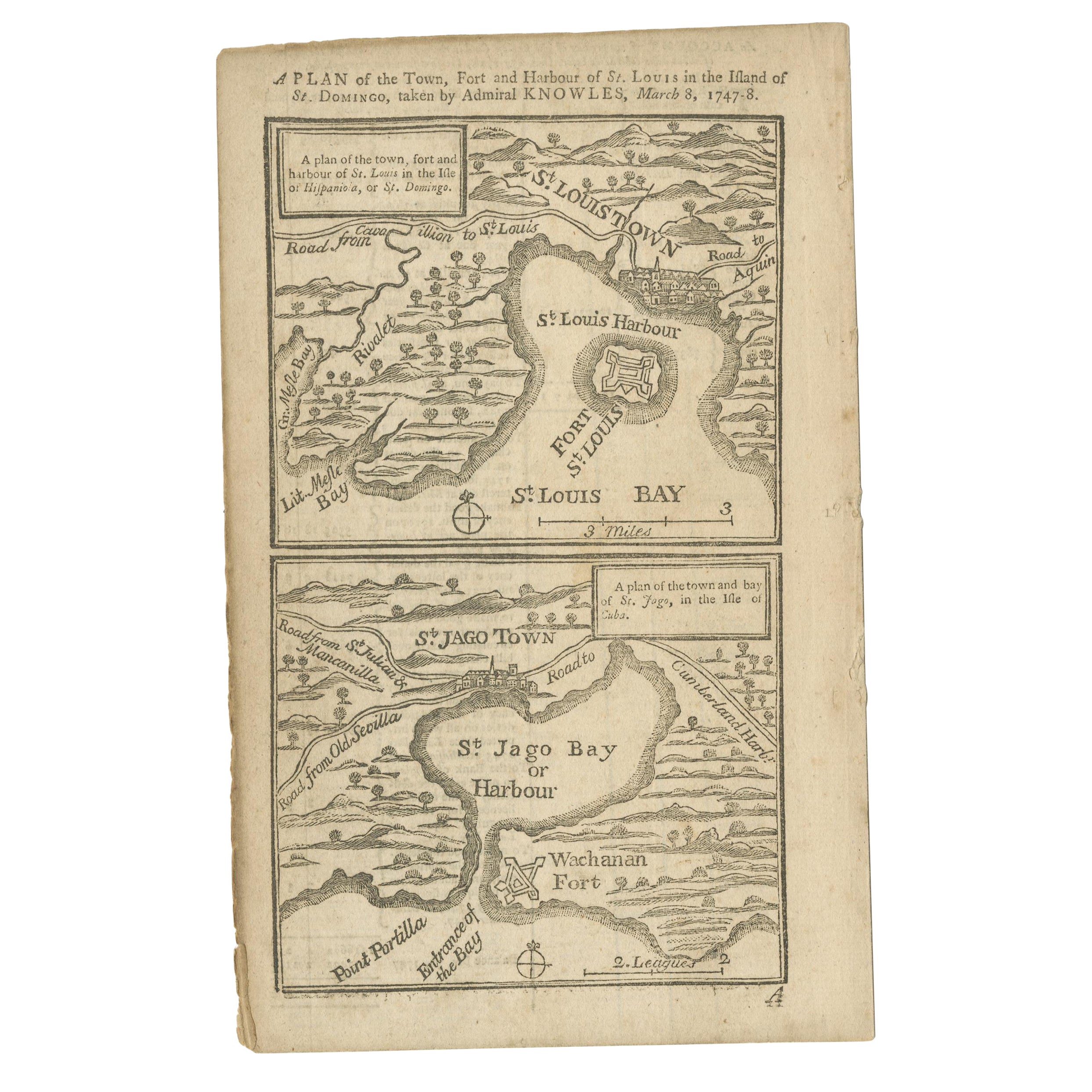 Antique Map of Fort Saint Louis and Santiago de Cuba, 1748 For Sale