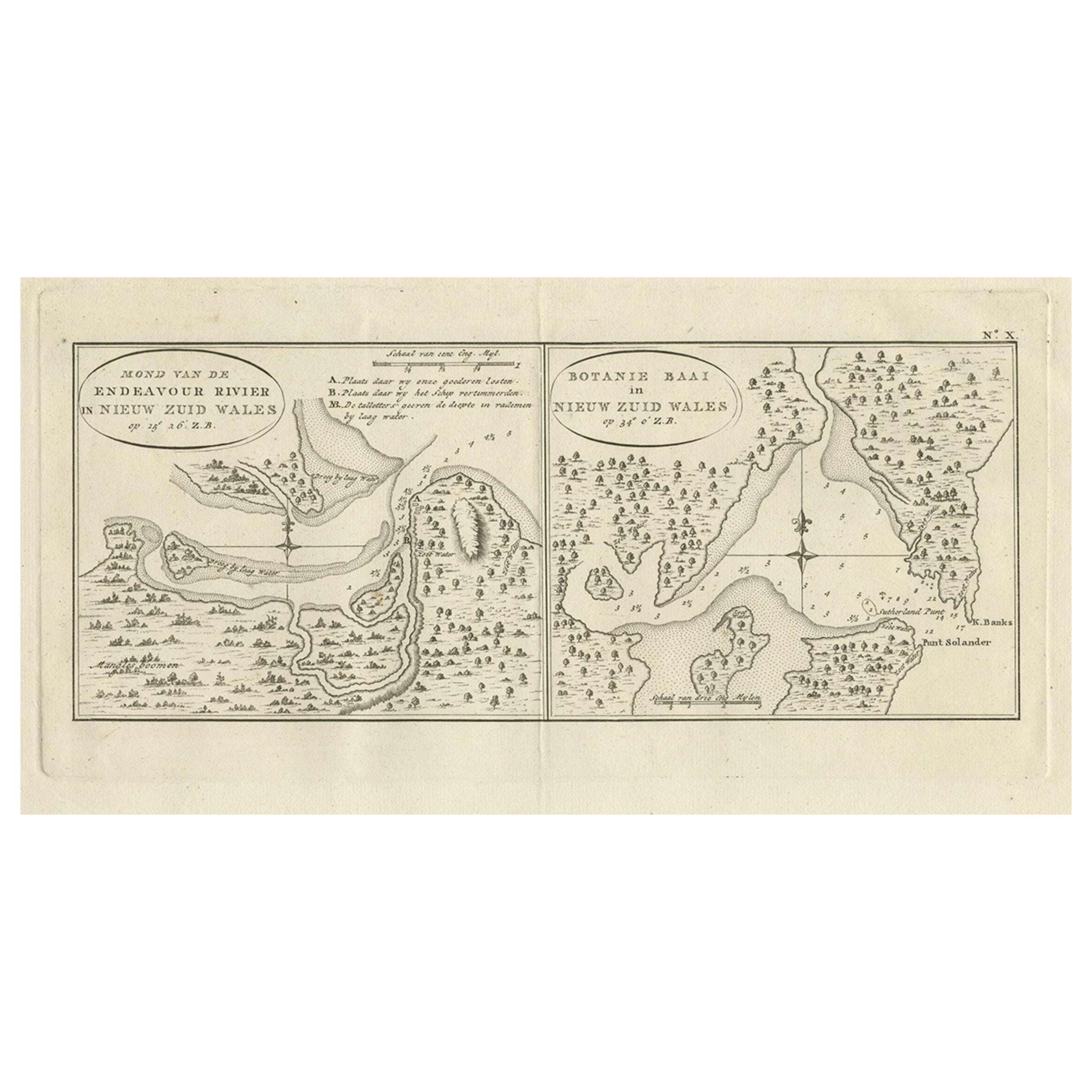 Antique Map of Endeavour River and Botany Bay, New South Wales, Australia, 1803 For Sale