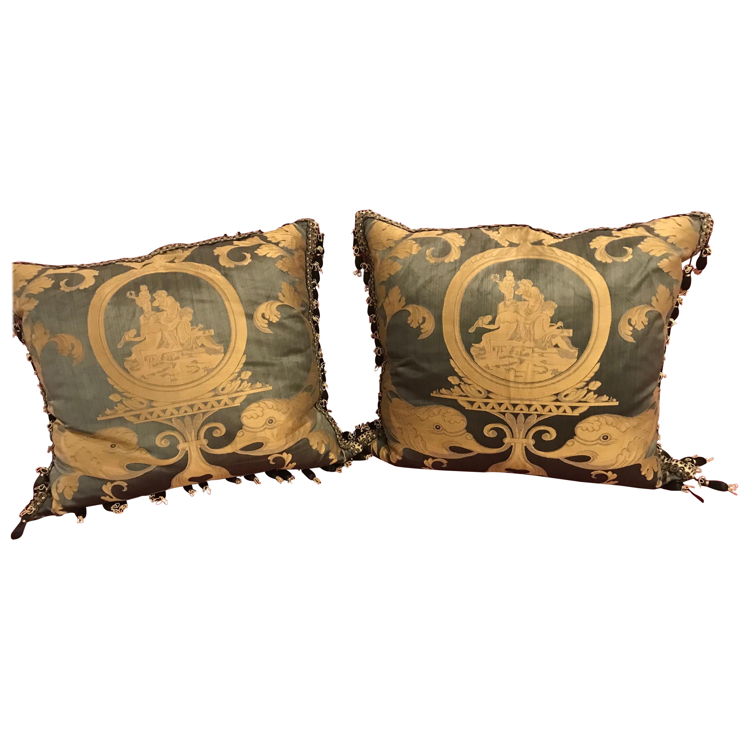 Pair of Fortuny Pillows with Angels and Dolphins For Sale