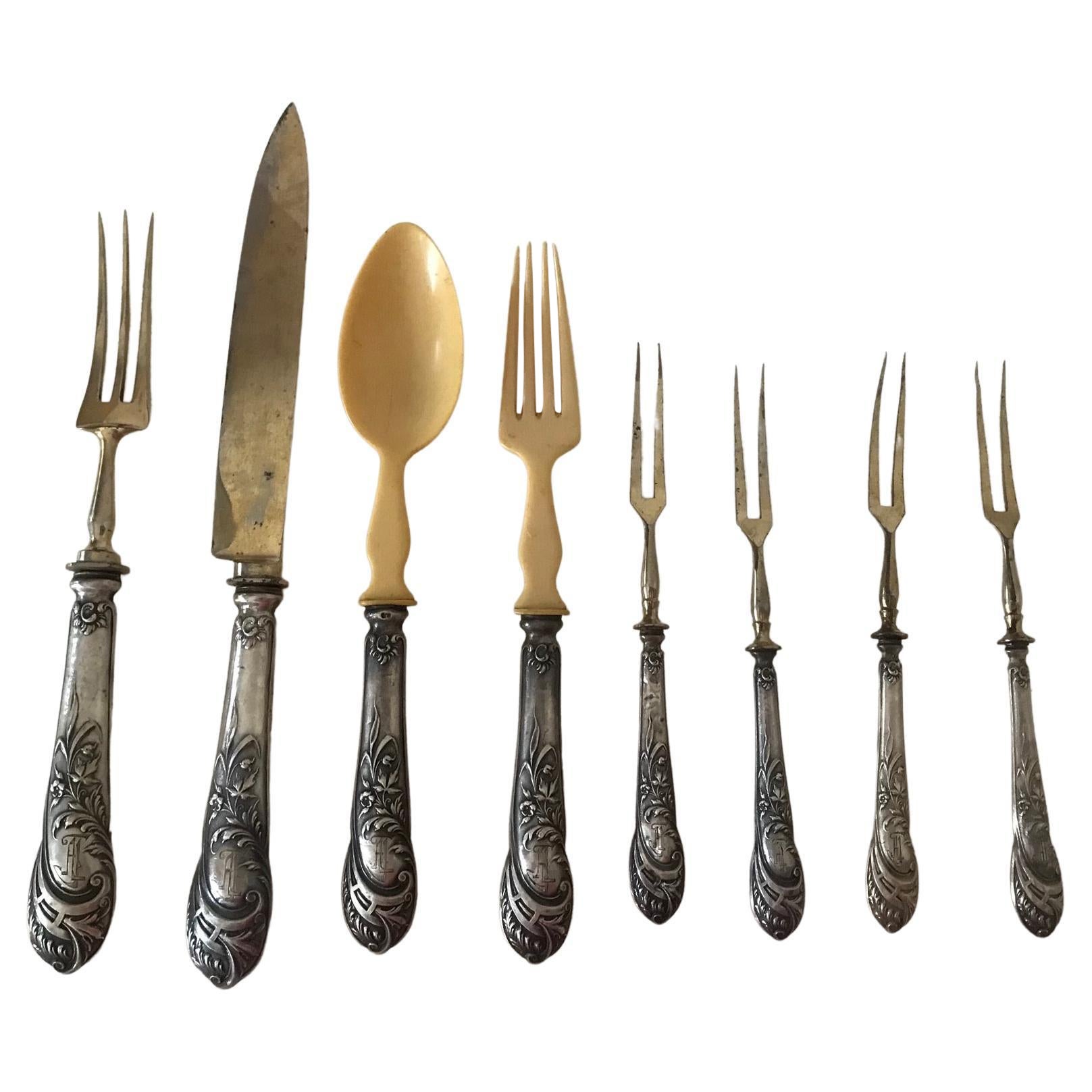 Antique Silver Cutlery Carving set of 8 pcs For Sale