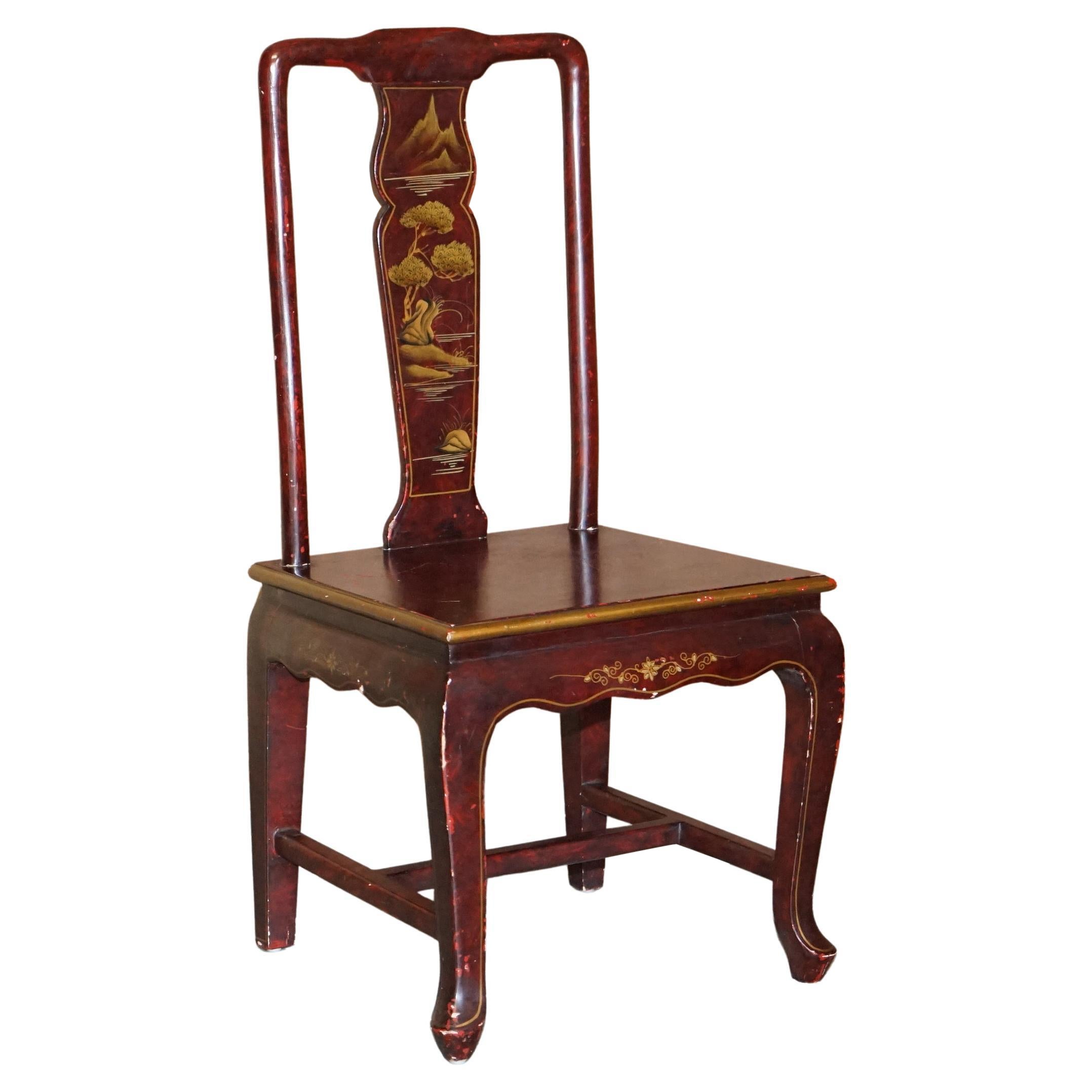 Antique Chinese Chinoiserie Red Hand Painted Chair Heavy Solid Wood Frame For Sale