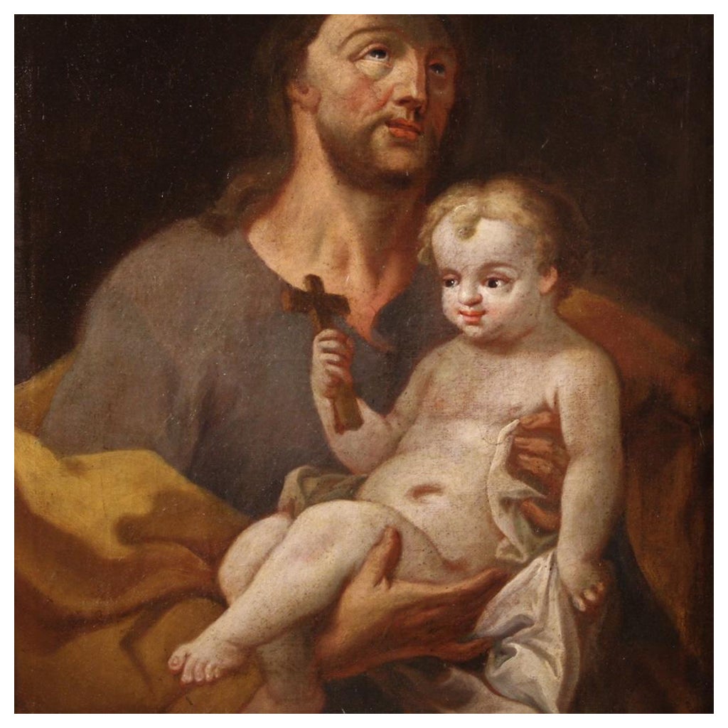 18th Century Oil on Canvas Italian Antique Religious Painting Saint Joseph, 1730