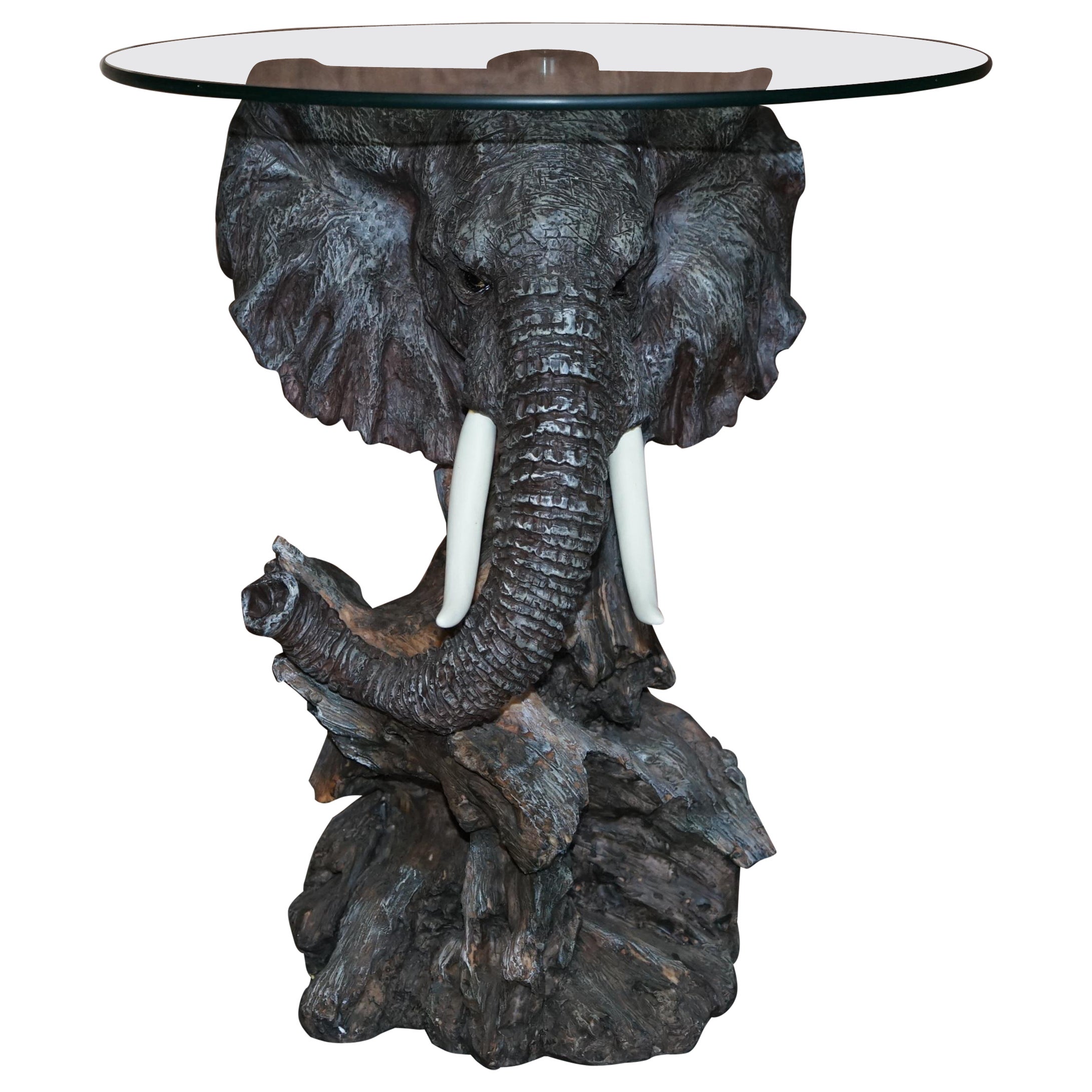Stunning Realistic Hand Painted Elephants Head Side End Lamp Table Round Glass