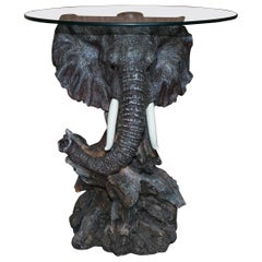 Stunning Realistic Hand Painted Elephants Head Side End Lamp Table Round Glass