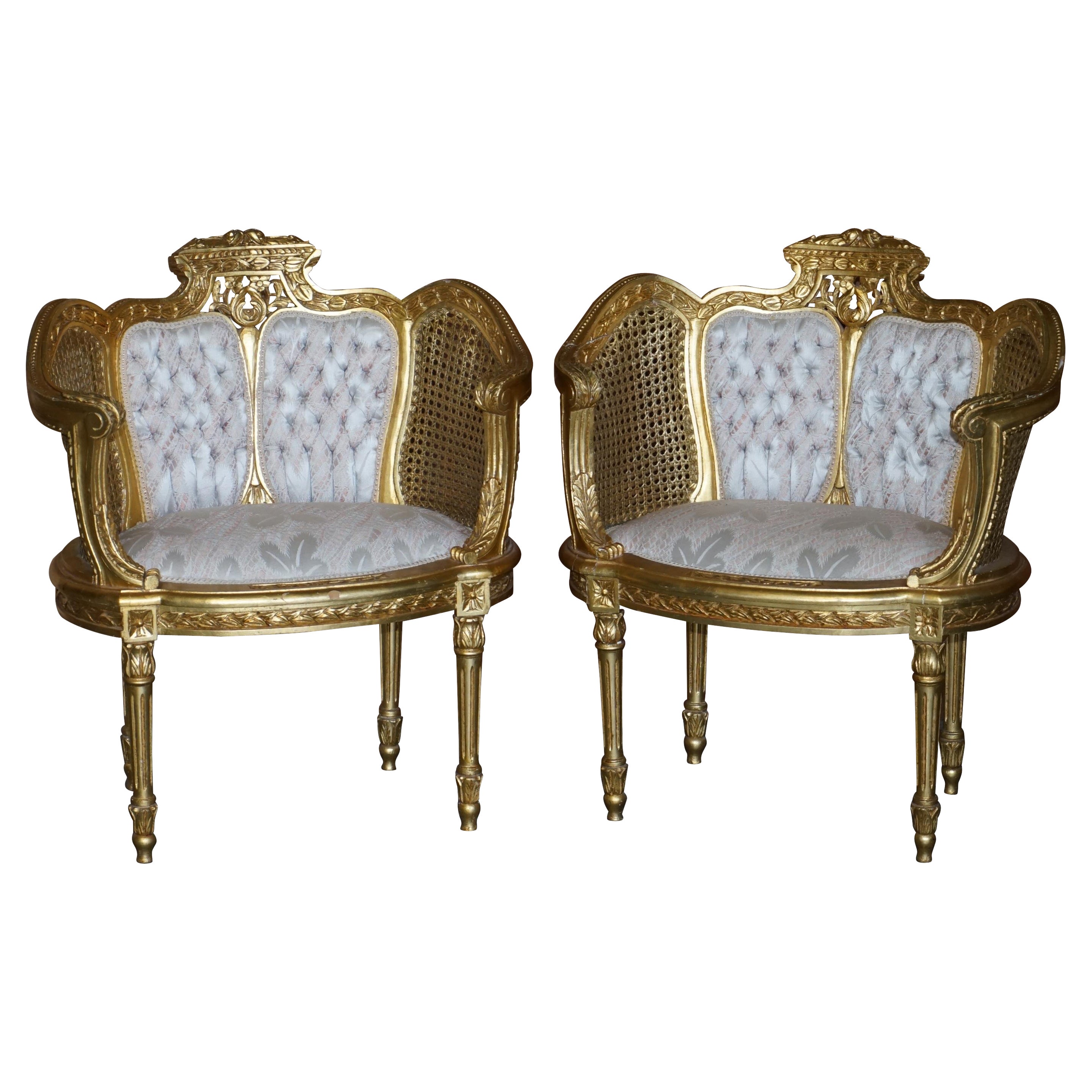 Paire de fauteuils bergères anciens Louis III Napoléon III en bois doré et or, datant d'environ 1870
