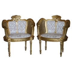 Antique Pair of Napoleon III circa 1870 Gold Giltwood Bergere Armchairs Louis