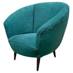 Vintage Italian Mid-Century Modern Wood and Green Velvet Armchair with Armrests, 1950s