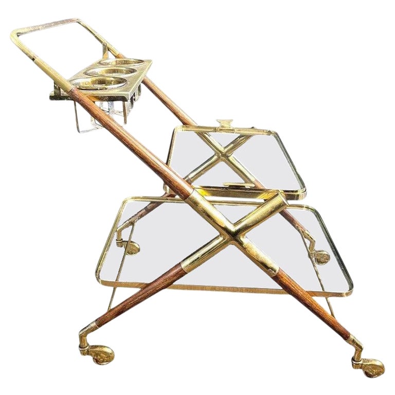 Italian Designer, Mid-Century Modern, Small Bar Cart, Teak, Glass, Italy, 1930s For Sale