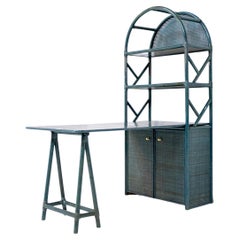 Italian Bookcase with Desk in Blue Bamboo