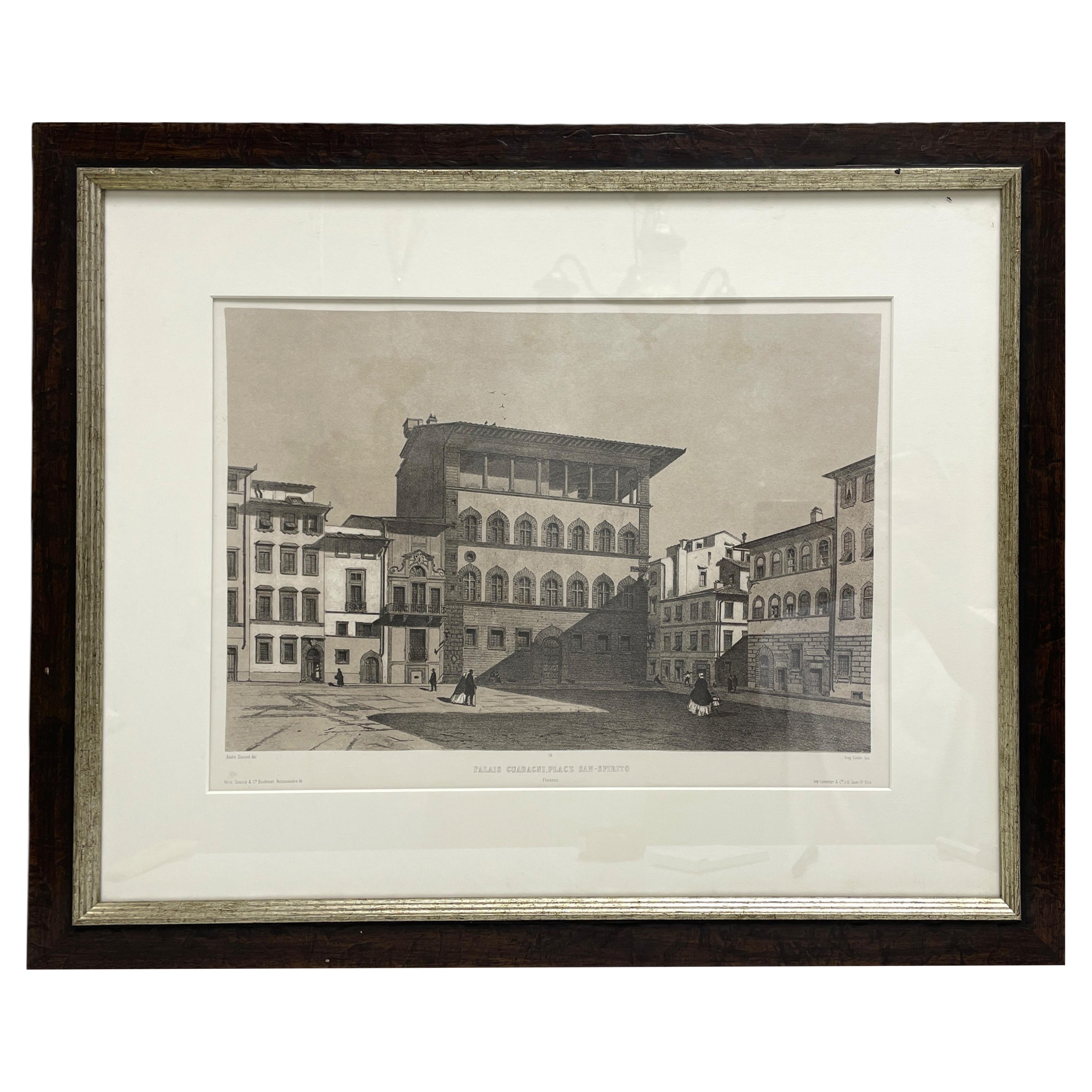 Framed French Copper Print Palazzo Guadagni Holy Spirit Square, Florence, Italy For Sale