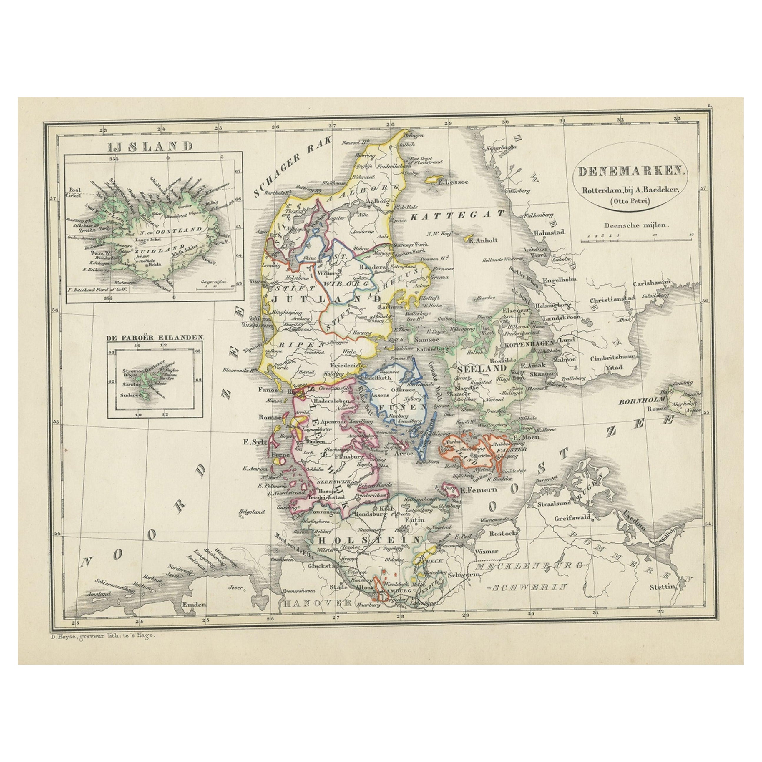 Antique Map of Denmark with An Inset of Iceland, 1852 For Sale