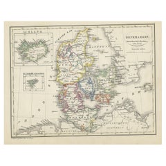 Antike Dänemarkkarte mit Intarsien von Island, 1852