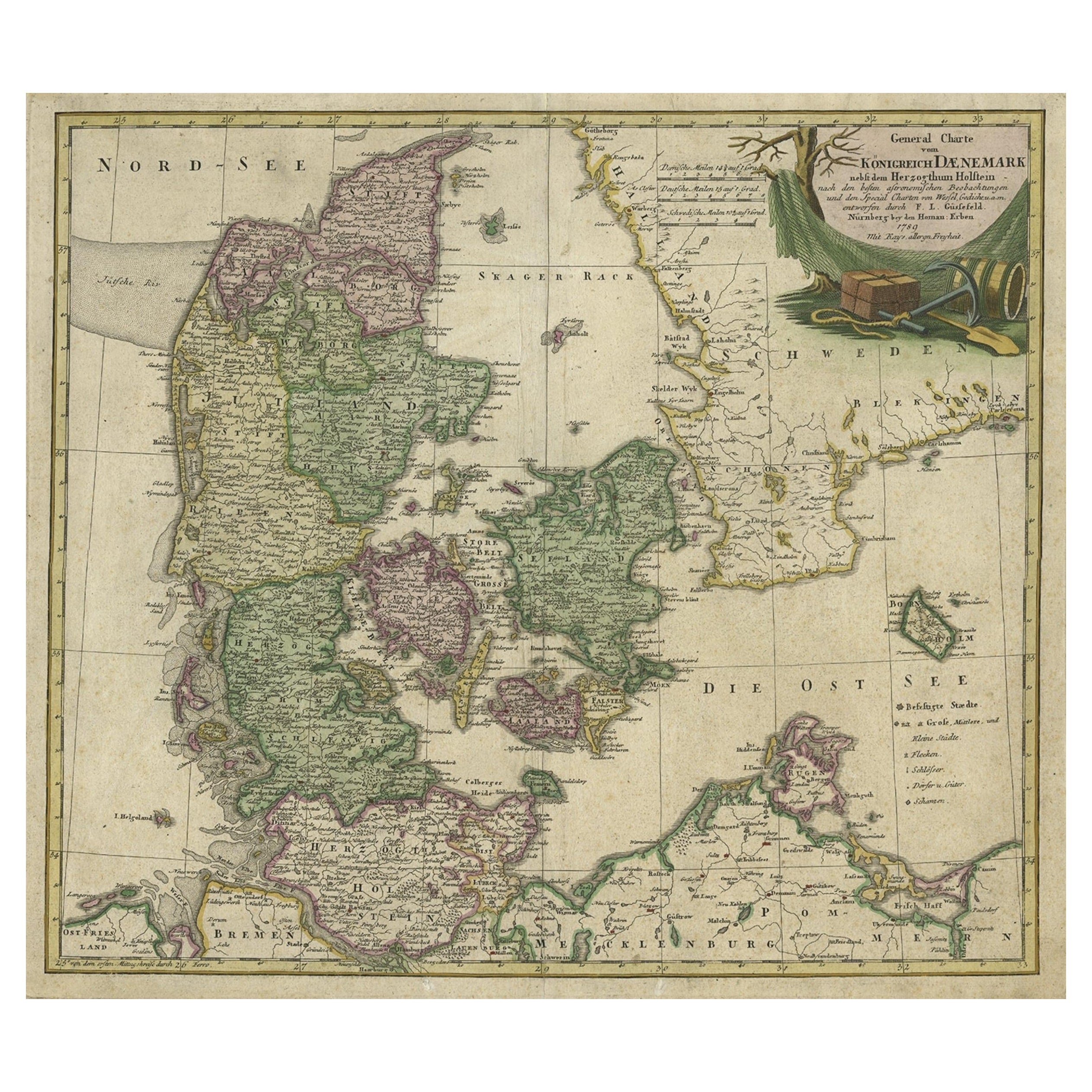 Antique Map of Denmark with Schleswig-Holstein and the South of Sweden, c.1750 For Sale