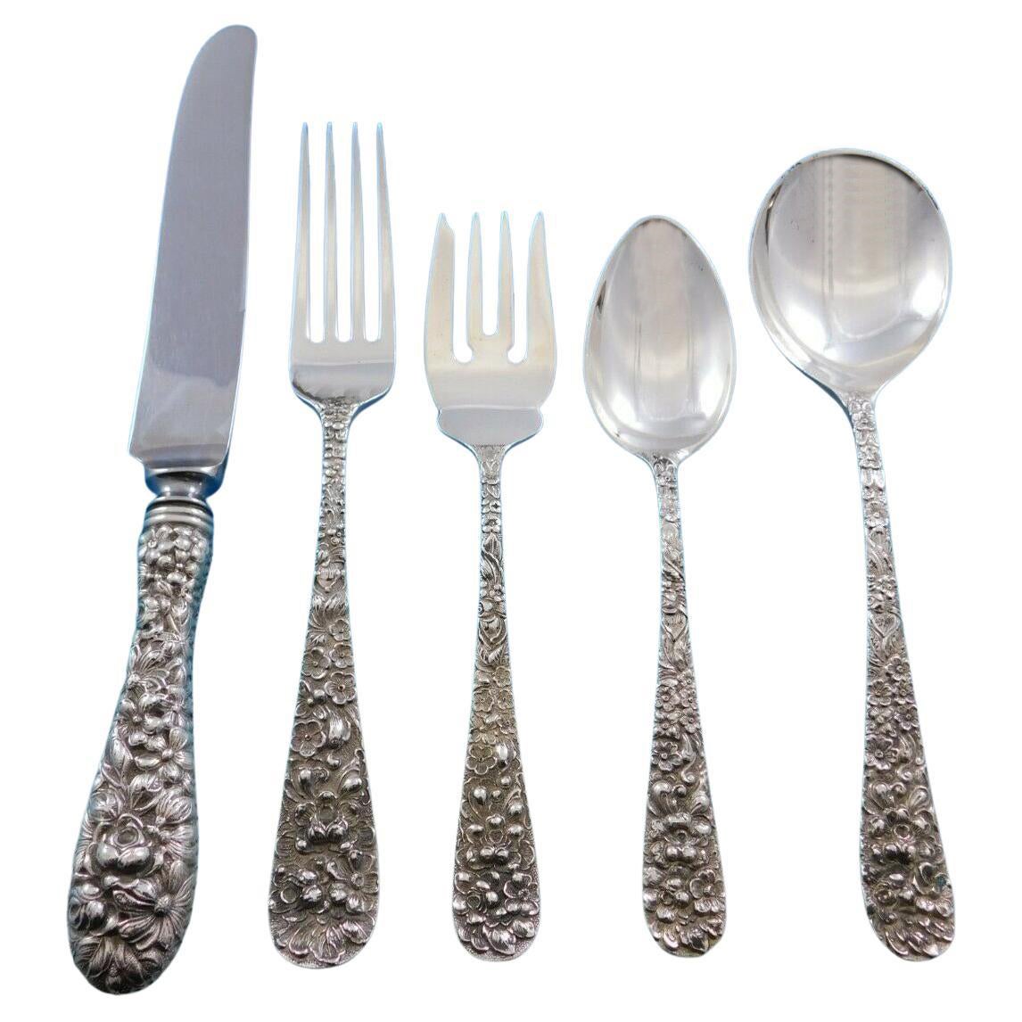 Rose by Stieff Sterling Silver Flatware Set For 8 Service 45 Pieces Repousse