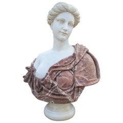 1985 Spanish Hand Carved Macael White & Alicante Red Marble Roman Woman Bust 