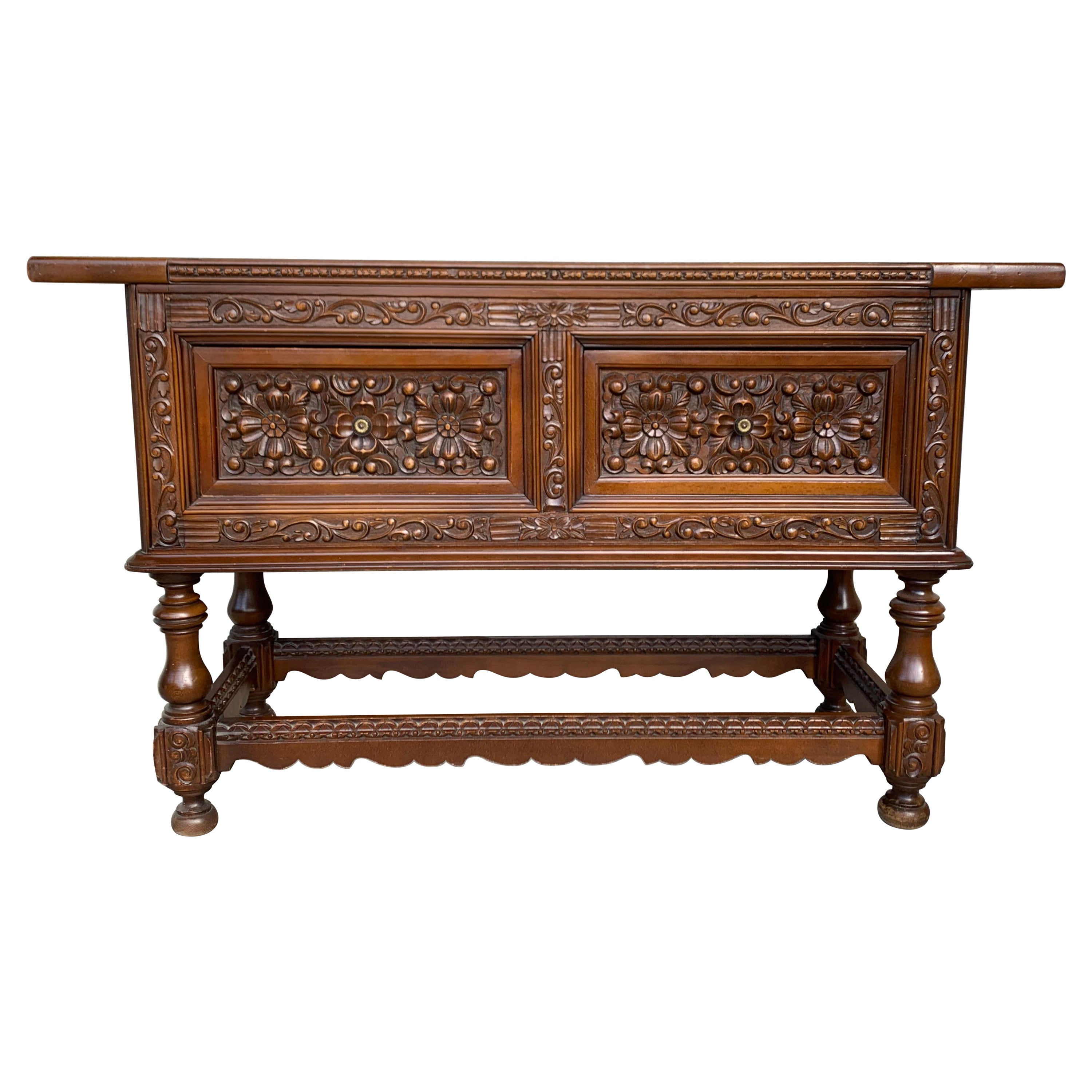Spanish Console Chest Table with Two Carved Drawers and Original Hardware