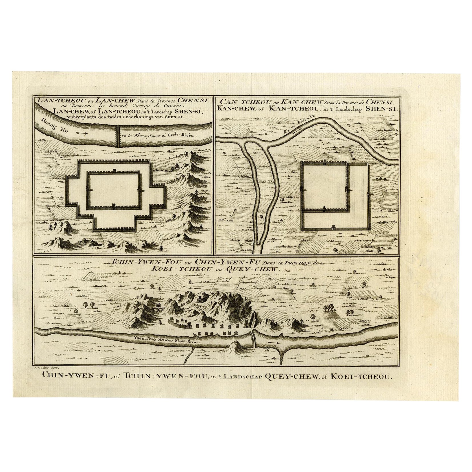 Antique Map of Three Chinese Cities in Chensi and Koei Tcheou, c.1758 For Sale
