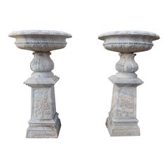 Pair of 1985 Spanish Macael White Veined Marble Garden Urns w/ Pedestal Plinths