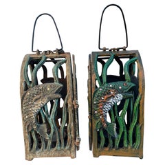 Japanese Pair Old Vintage Jumping Fish Lighting Lanterns