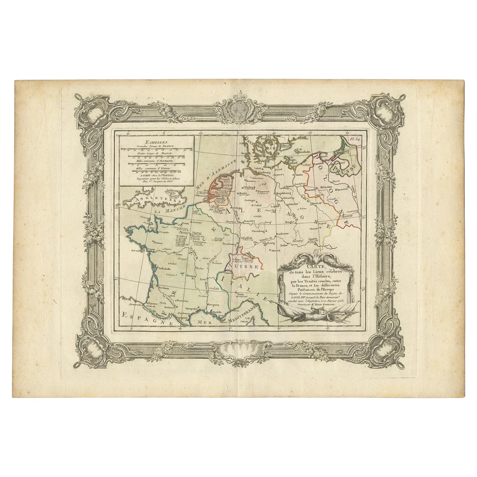 Französische antike französische Karte von Frankreich und Westeuropa, 1765