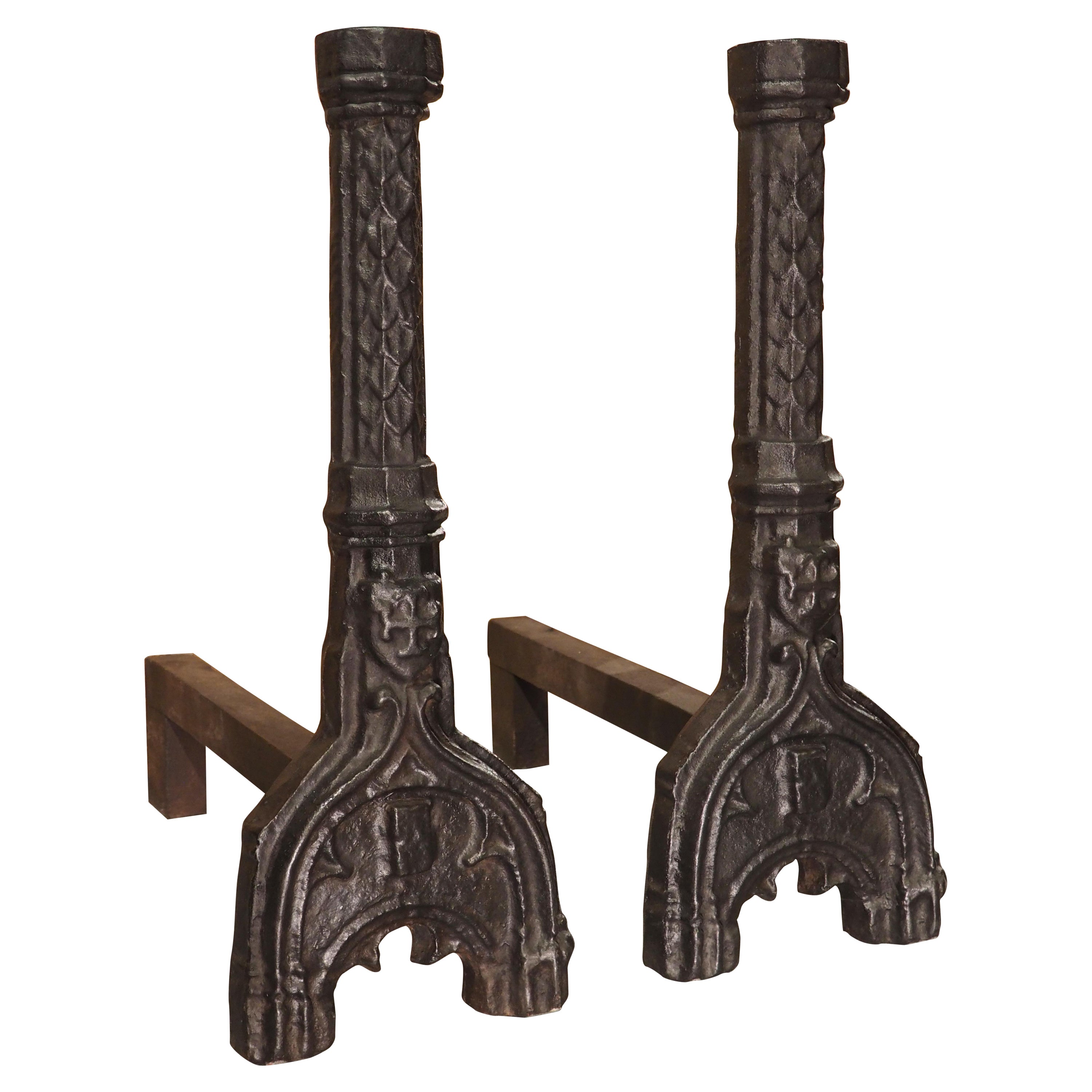 Pair of Important French Gothic Cast Iron Fireplace Chenets, 16th Century For Sale