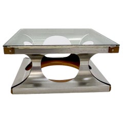 Retro Italian Coffee Table, Glass and Steel and Wood, 1970s