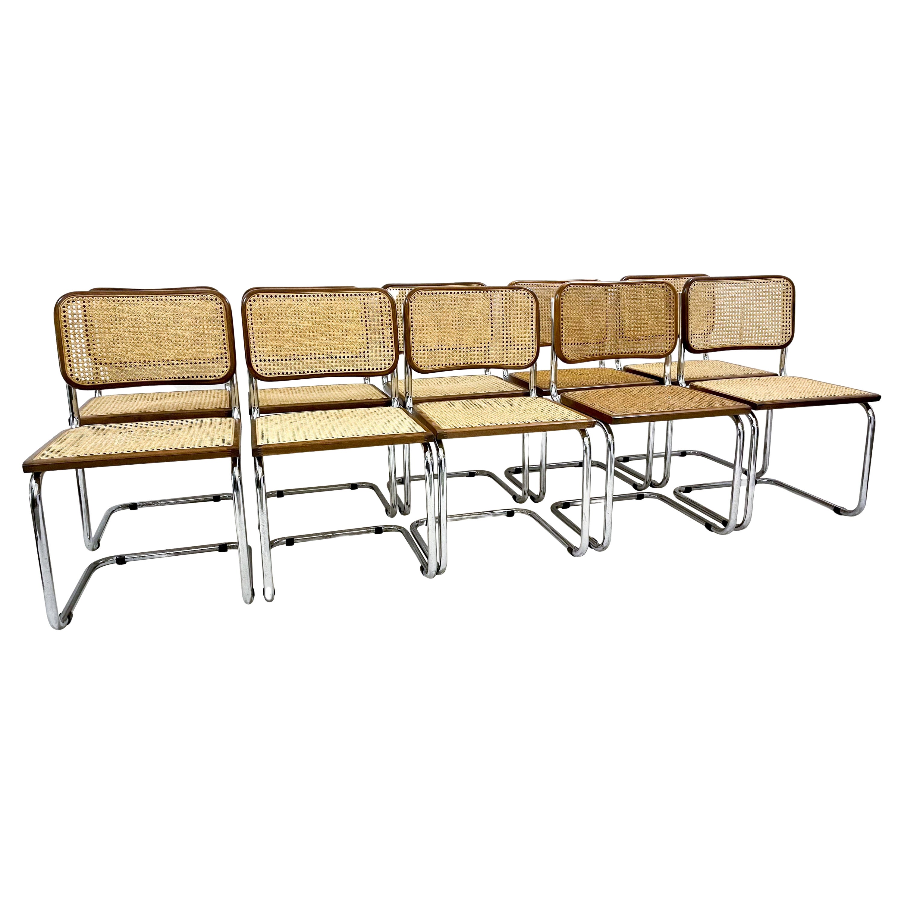 Set of 10 Chairs, Marcel Breuer Style, Wood and Canework Italy, 1995