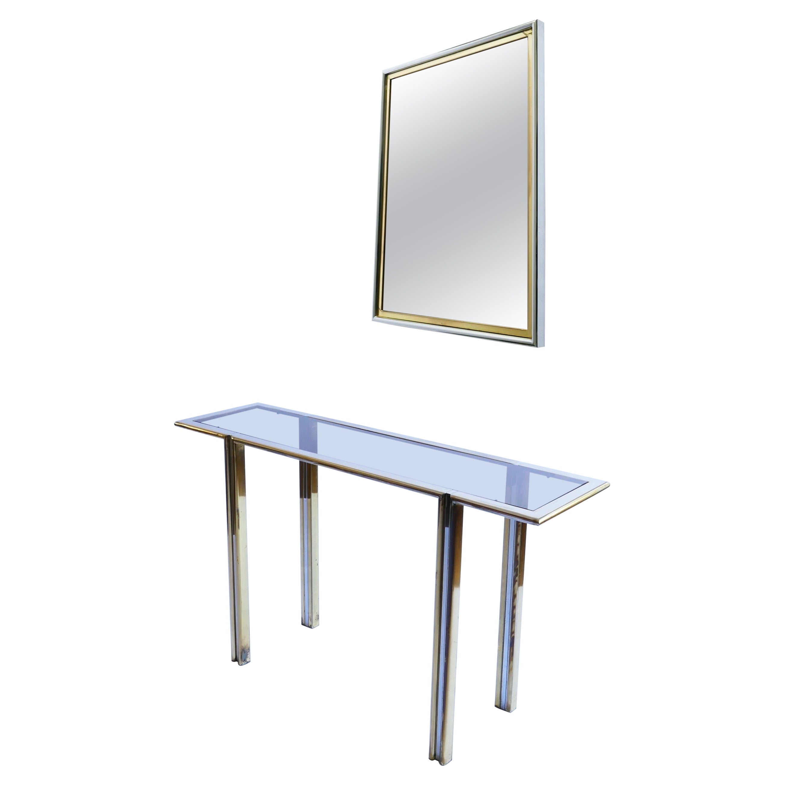 Glass, Brass and Chrome Console Table and Mirror, Italy, 1970s For Sale