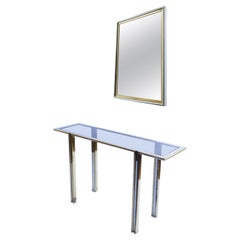 Vintage Glass, Brass and Chrome Console Table and Mirror, Italy, 1970s