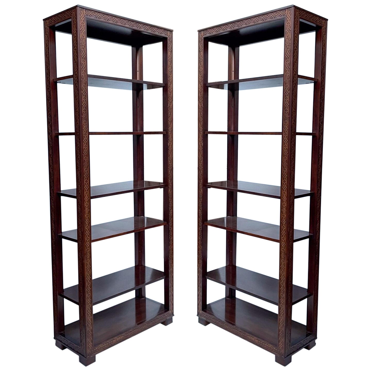 Midcentury Chinese Chippendale Style Carved Mahogany Etageres or Shelves, Pair 