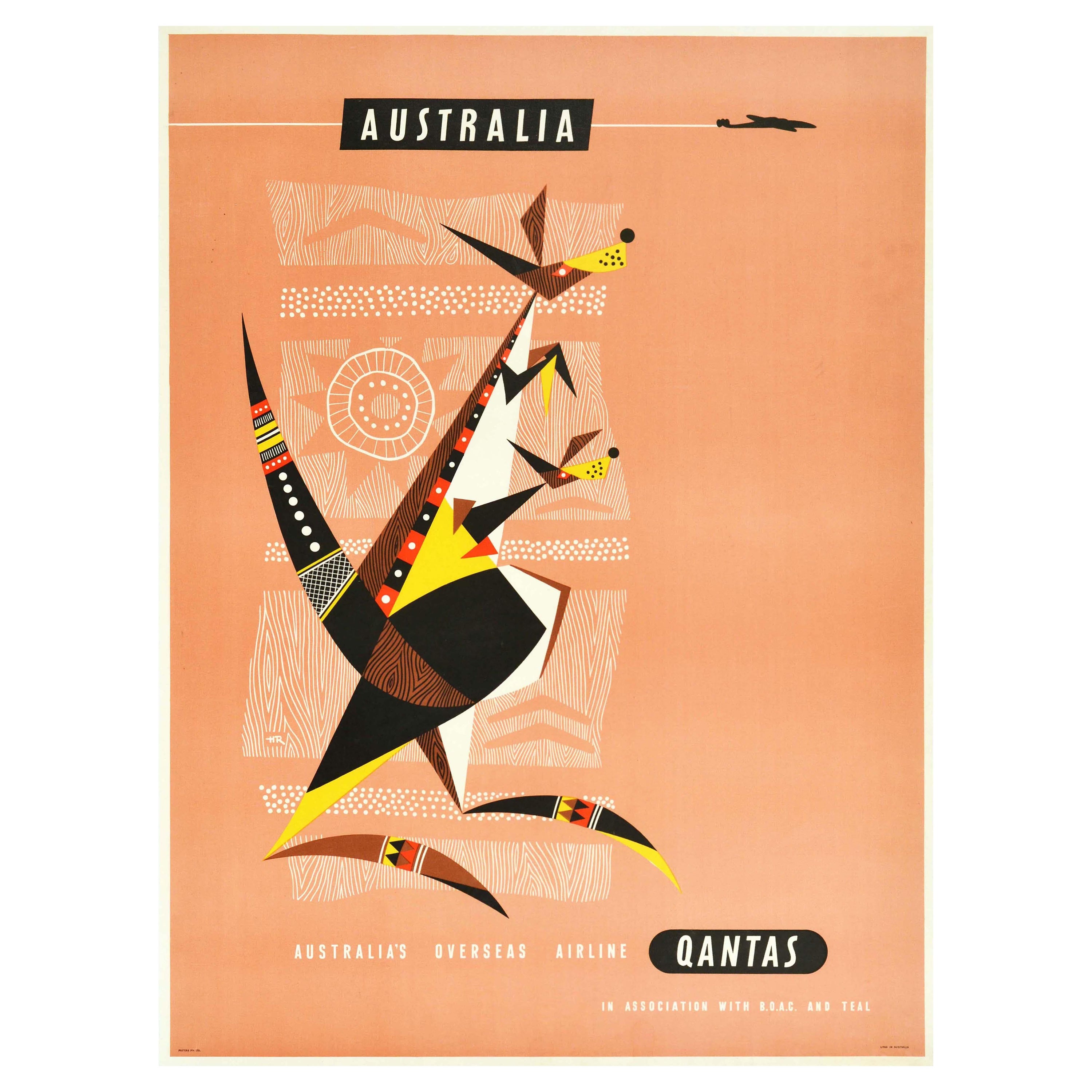 Original Vintage Travel Poster Australia Qantas Overseas Airline Kangaroo Design