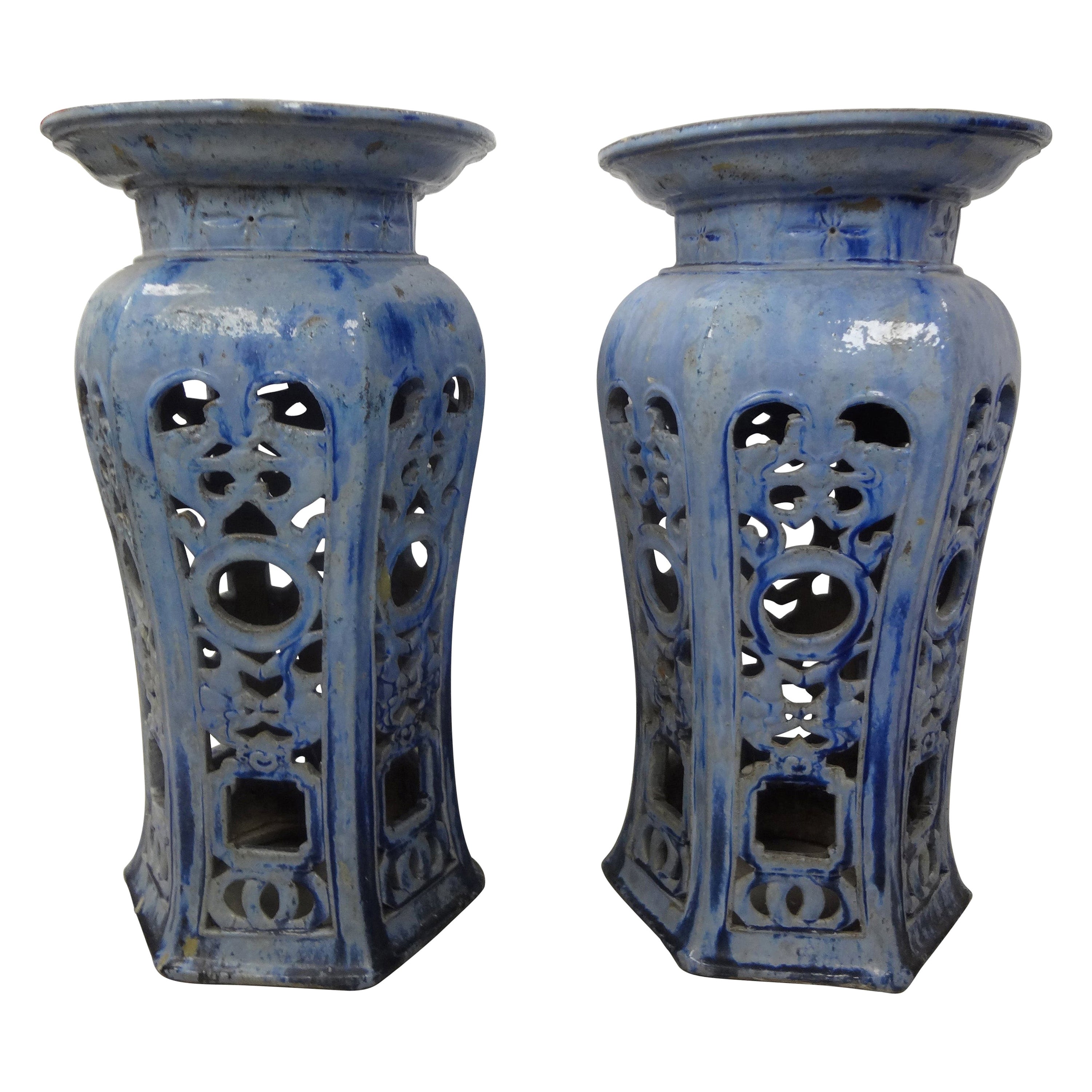 Paar chinesische glasierte Terrakotta-Sockel oder -Stände aus dem frühen 20.