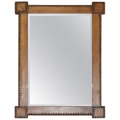 Edwardian Hand Dyed Brown Leather Mirror with Antique Studded Detail All Round
