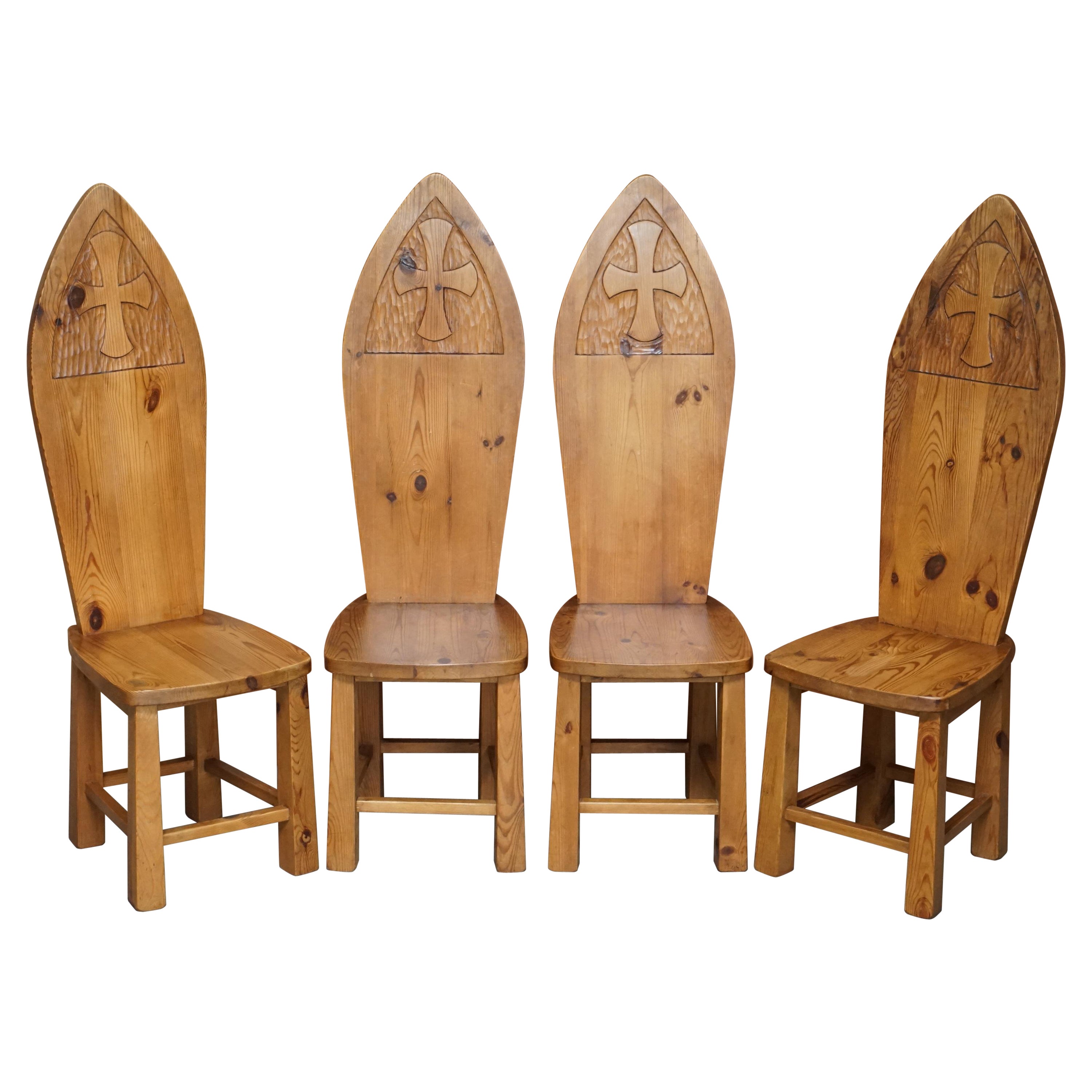 Set of Four Gothic Celtic Style Large Pitch Pine Dining Chairs with High Backs