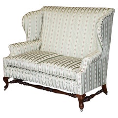 Victorian Howard & Sons Ticking Fabric Upholstered Double Wingback Sofa Armchair