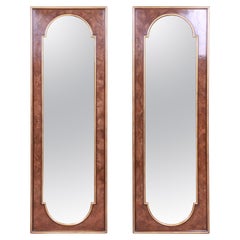 William Doezema for Mastercraft Hollywood Regency Burl Wood Tall Mirrors, Pair