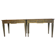 Pair of Italian Neoclassical Gilt and Painted Marble Top Console Tables 