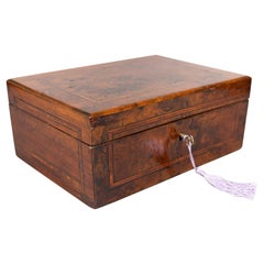 19th Century English Banded Burl Walnut Box, Lock & Key