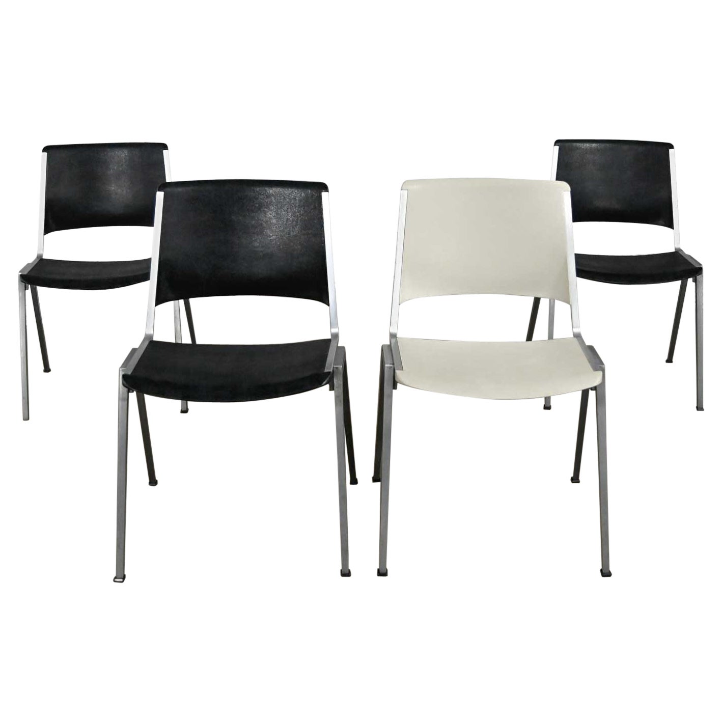 Vintage Aluminum Steelcase Stacking Chairs Model #1278 1 White 3 Black Set of 4