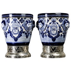 Ceramic and White Metal 'Alpaca' Jar with Hand Painted Motives Pair