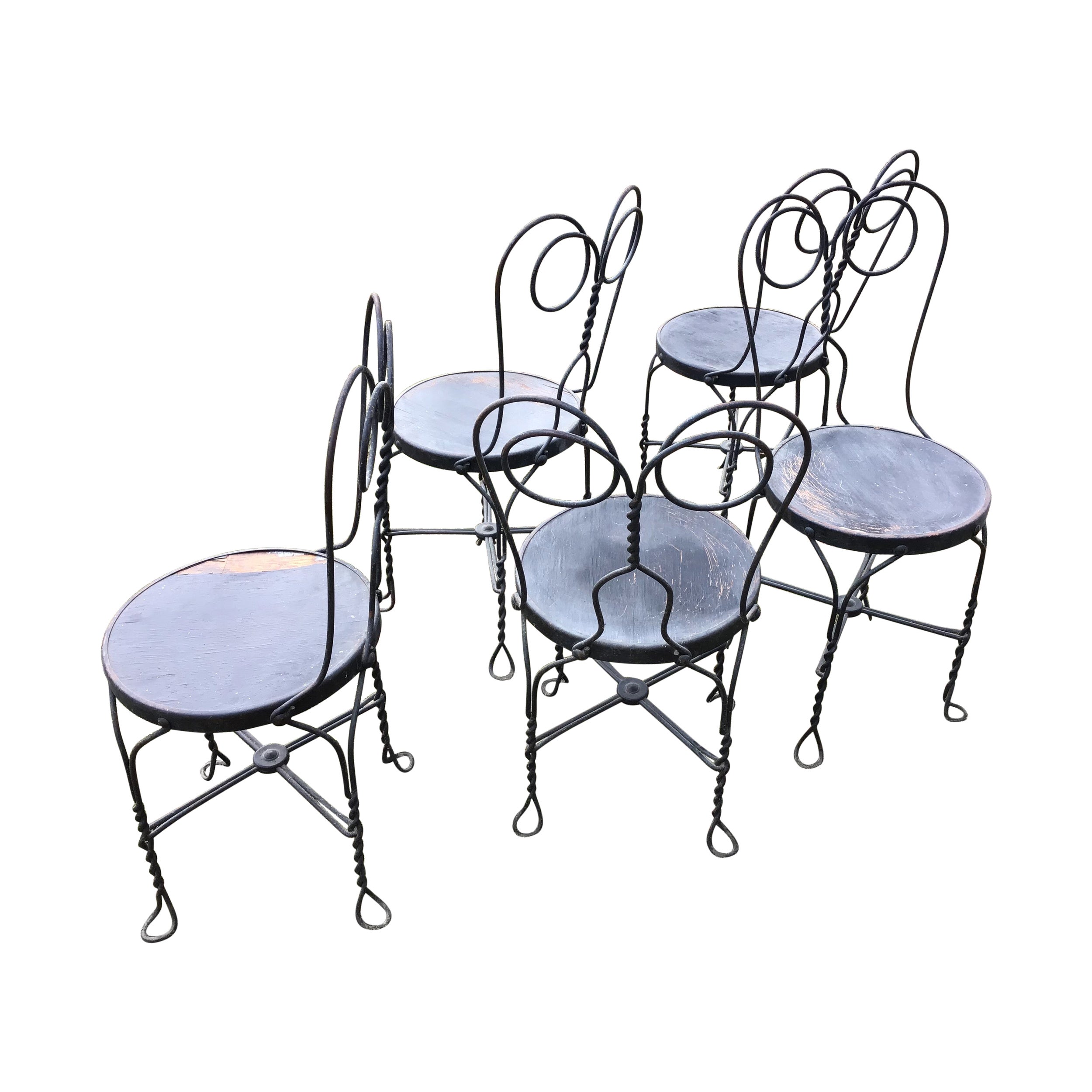 Bistro Chairs Wrought Iron Ice Cream Parlor Chairs Set of 5 Distressed