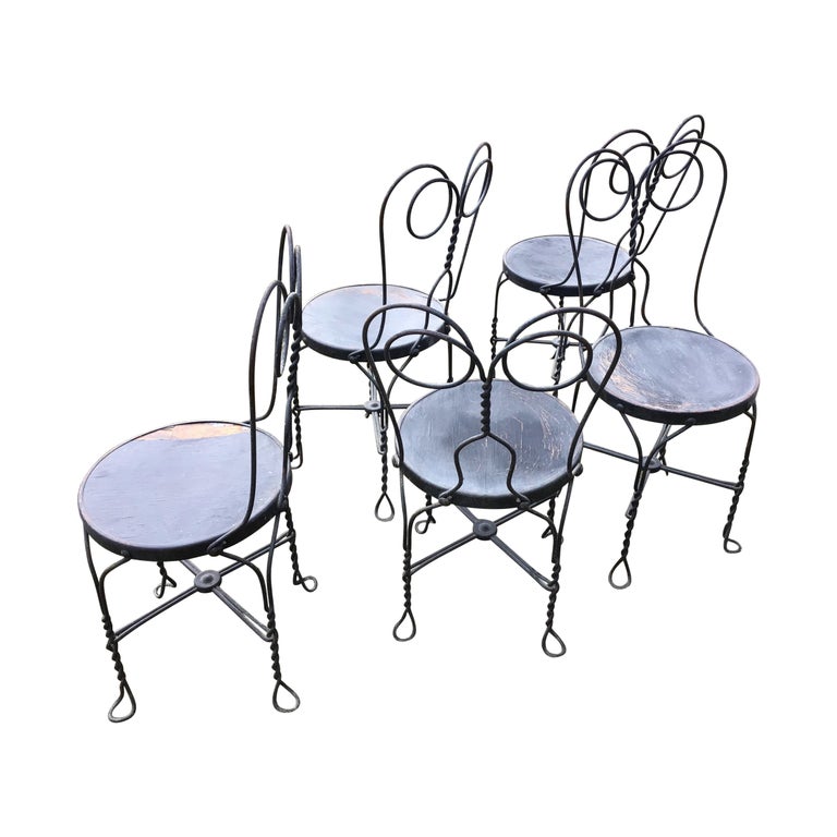 Bistro Chairs Wrought Iron Ice Cream Parlor Chairs Set of 5 Distressed For Sale