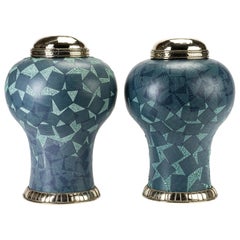 Blue and Gren Jar by Estudio Guerrero, Glazed Ceramic and White Metal