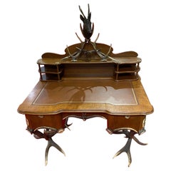 19th Century Black Forest Leather Top Antler Desk and Removable Shelf