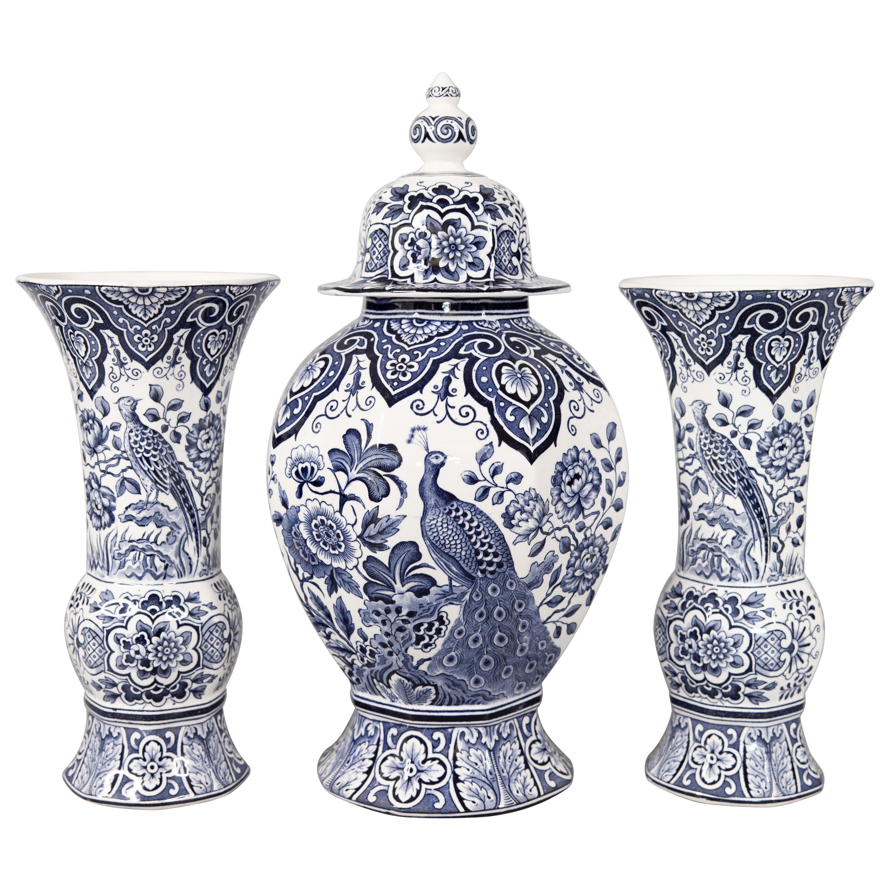 Vases à garnitures de paon en faïence de Delft hollandaise anciennes, lot de 3