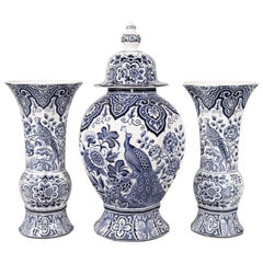 Antique Dutch Delft Peacock Garniture Vases, Set of 3