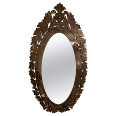 1960s Italian High Design Oval Black Etched Floral Design Mirror
