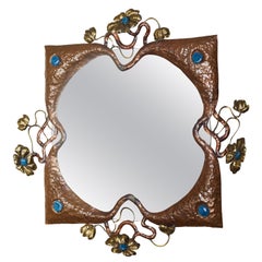 1950s French Unique Brass/Copper Enamel Square Mirror with Floral Detailing
